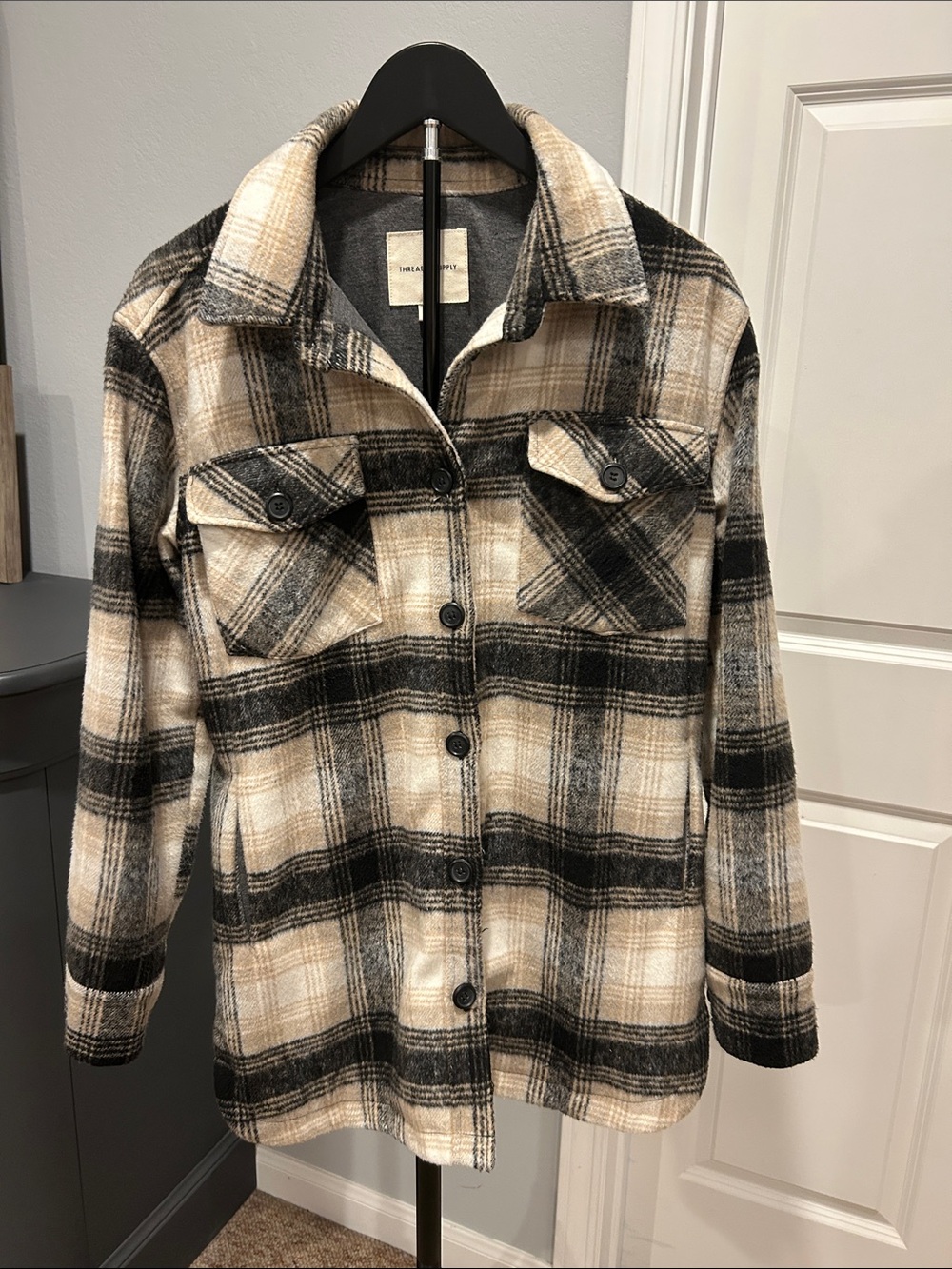 Plaid Button-Up Shacket in Beige, Black & Cream